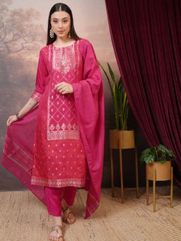 VISHUDH - Women Pink Printed Kurta & Pant with Dupatta (Set of 3)