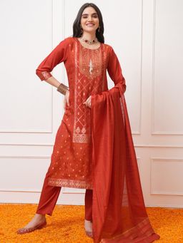 VISHUDH - Rust Women Ethnic Print Kurta & Pant with Dupatta (Set of 3)