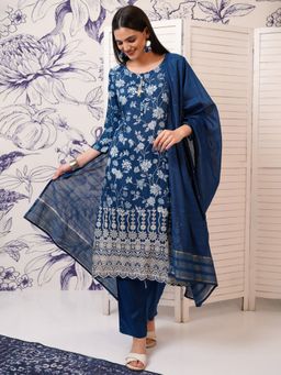 VISHUDH - Blue Women Embroidery Floral Kurta & Pant with Dupatta (Set of 3)