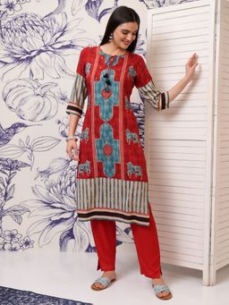 VISHUDH - Red Women Printed Kurta & Pant with Dupatta (Set of 3)