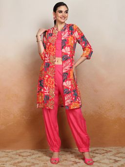 VISHUDH - Pink Women Crop Top & Pant With Floral Shrug (Set of 3)