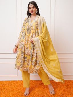 VISHUDH - Yellow Women Floral Printed Embroidered Alia Cut Kurta & Pant with Dupatta (Set of 3)