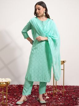 VISHUDH - Women Rama Green Embroidery Kurta & Pant with Dupatta (Set of 3)