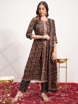 VISHUDH - Black Women Embroidery Printed Kurta, Belt & Pant with Dupatta (Set of 4)