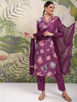 VISHUDH - Women Wine Embroidered Floral Printed Straight Kurta With Pant And Dupatta (Set of 3)