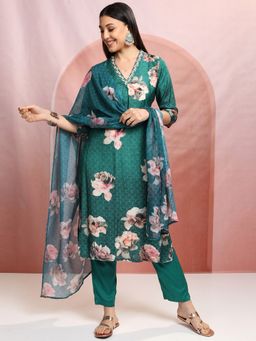VISHUDH - Women Rama Green Floral Print Embroidery Kurta & Pant with Dupatta (Set of 3)