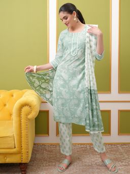 VISHUDH - Green Women Paisley Printed Kurta & Pant with Dupatta (Set of 3)