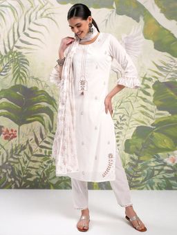 VISHUDH - Brown Women Ethnic Print Embroidery Kurta & Pant with Dupatta (Set of 3)