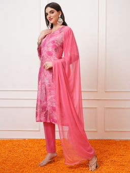 VISHUDH - Pink Women Floral V-Neck Kurta & Pant with Dupatta (Set of 3)