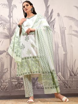 VISHUDH - Green Women Ethnic Printed Kurta & Pant with Dupatta (Set of 3)