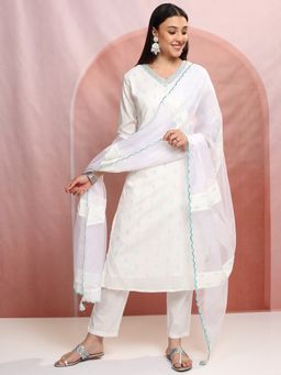 VISHUDH - White Women Ethnic Printed Kurta & Pant with Dupatta (Set of 3)