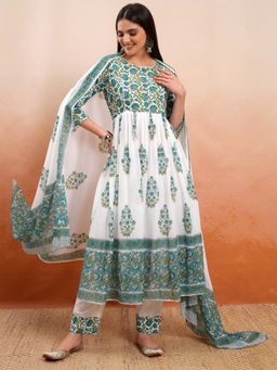 VISHUDH - Green Women Ethnic Floral Kurta & Pant with Dupatta (Set of 3)