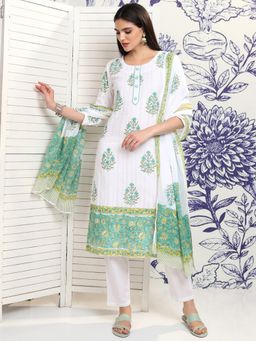 VISHUDH - Green Women Ethnic Floral Kurta & Pant with Dupatta (Set of 3)