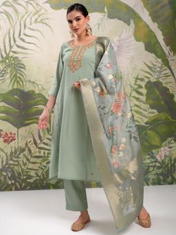 VISHUDH - Green Women Ethnic Print Embroidery Kurta & Pant with Dupatta (Set of 3)