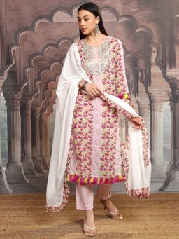 VISHUDH - Pink Women Floral Printed Gotta Patti Kurta & Pant with Dupatta (Set of 3)