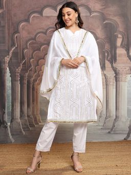 VISHUDH - White Women Gotta Pati Kurta & Pant with Dupatta (Set of 3)