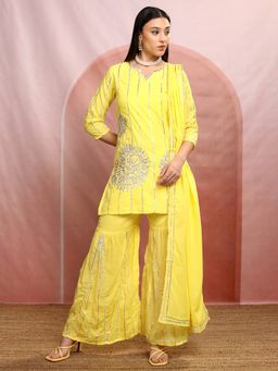 VISHUDH - Women Lemon Yellow Link Kurti With Sharara & Dupatta (Set of 3)