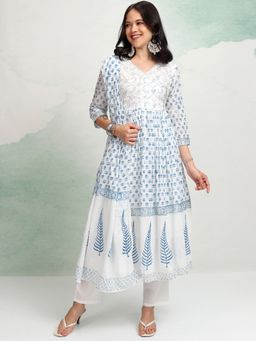 VISHUDH - Blue Women Ethnic Printed Embroidered Angrakha Kurta with Pant & Dupatta (Set of 3)