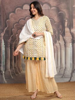 VISHUDH - Yellow Women Kurti With Sharara & Dupatta (Set of 3)