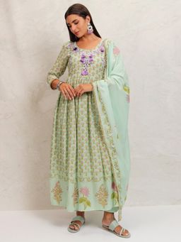VISHUDH - Women Mint Green Printed Embroidered Anarkali Kurta with Pant & Dupatta (Set of 3)