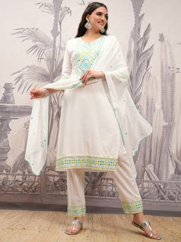 VISHUDH - White Women Embroidery Kurta & Pant with Dupatta (Set of 3)