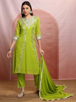 VISHUDH - Green Women Gotta Pati Kurta & Pant with Dupatta (Set of 3)