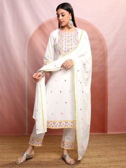 VISHUDH - White Women Embroidery Kurta & Pant with Dupatta (Set of 3)
