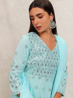 VISHUDH - Blue Women Embroidered Anarkali Kurta with Pant & Dupatta (Set of 3)