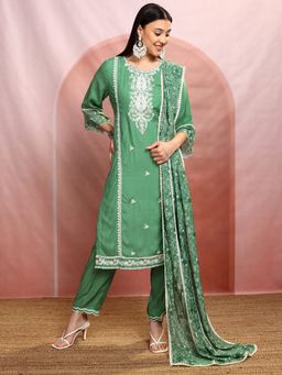 VISHUDH - Green Women Embroidery Kurta & Pant with Dupatta (Set of 3)