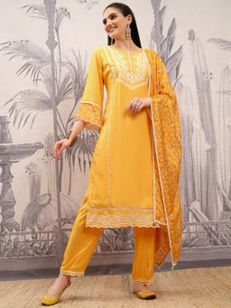 VISHUDH - Yellow Women Embroidery Kurta & Pant with Dupatta (Set of 3)