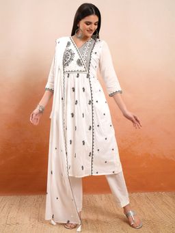 VISHUDH - White Women Embroidery Kurta & Pant with Dupatta (Set of 3)