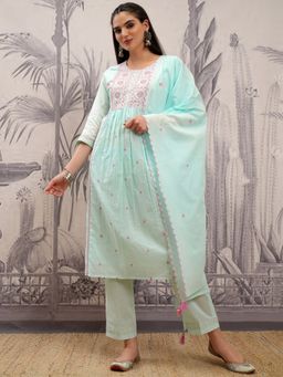 VISHUDH - Turquoise Women Embroidery Kurta & Pant with Dupatta (Set of 3)