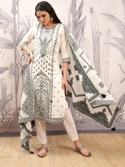 VISHUDH - White Women Embroidery Kurta & Pant with Dupatta (Set of 3)