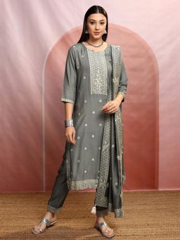 VISHUDH - Grey Women Embroidery Kurta & Pant with Dupatta (Set of 3)