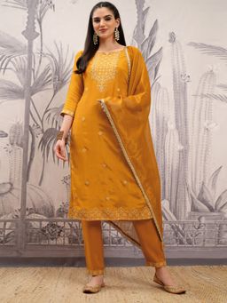 VISHUDH - Mustard Women Embroidery Kurta & Pant with Dupatta (Set of 3)