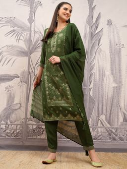 VISHUDH - Green Women Floral Kurta & Pant with Dupatta (Set of 3)