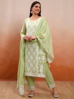 VISHUDH - Women Pista Green Embroidery Kurta & Pant with Dupatta (Set of 3)