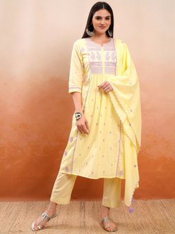 VISHUDH - Yellow Women Embroidery Kurta & Pant with Dupatta (Set of 3)