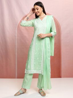 VISHUDH - Green Women Embroidery Kurta & Pant with Dupatta (Set of 3)