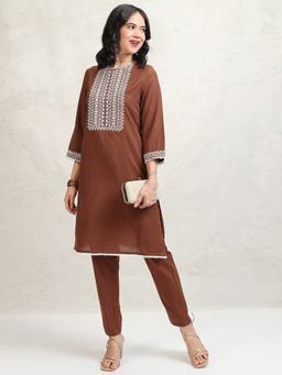 VISHUDH - Brown Women Embroidered Kurta & Pant (Set of 2)