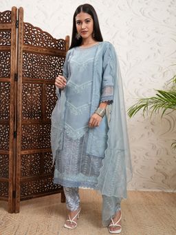 VISHUDH - Grey Women Embroidery Kurta & Pant with Dupatta (Set of 3)