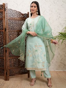 VISHUDH - Women Pista Green Embroidery Kurta & Pant with Dupatta (Set of 3)