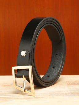 Teakwood - Women Black Leather Belt with Asymmetrical Gold Buckle