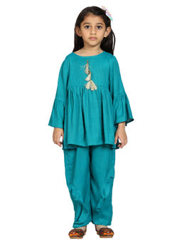 KiddoPanti - Green Girls Short Kurta & Pant (Set of 2) (12-14 Years)