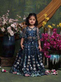 SAKA DESIGNS - Teal Embroidered Regular Fit Blouse with Cape and Lehenga
