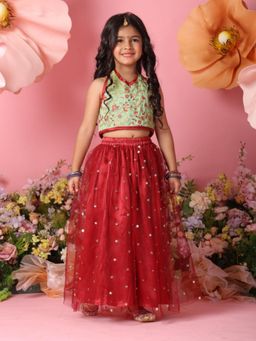 SAKA DESIGNS - Green Embroidered Regular Fit Blouse and Lehenga