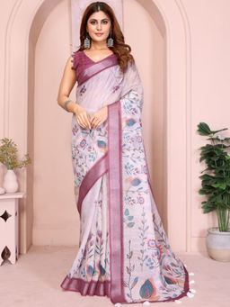 Odette - Women Off White Cotton Blend Saree with Unstitched Blouse Piece