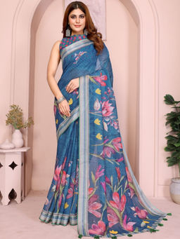 Odette - Women Blue Cotton Blend Saree with Unstitched Blouse Piece