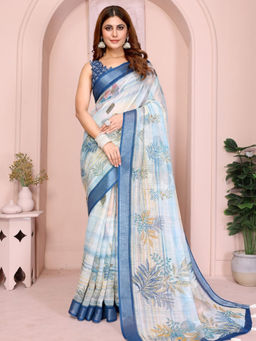 Odette - Women Off White Cotton Blend Saree with Unstitched Blouse Piece