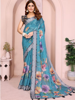 Odette - Women Blue Cotton Blend Saree with Unstitched Blouse Piece